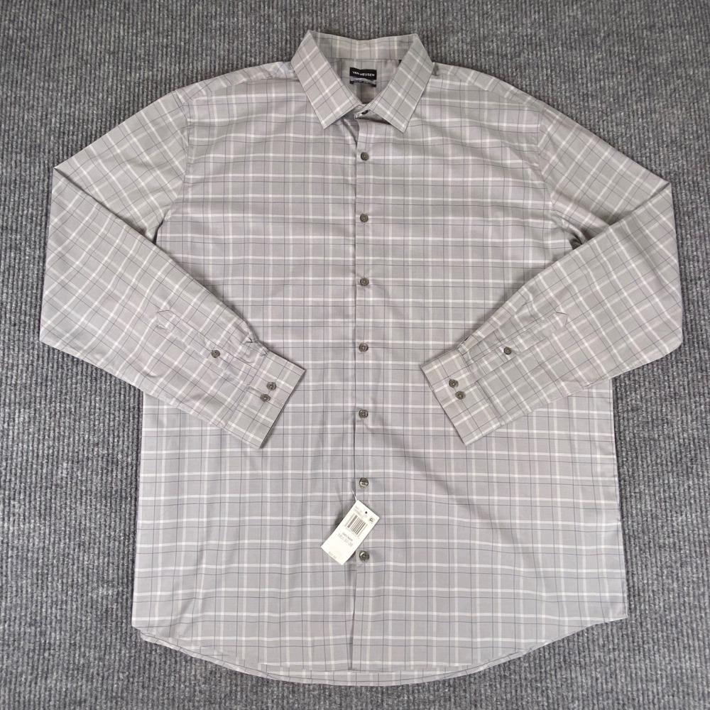 Van Heusen Dress Shirt Mens 18.5 37/38 Grey Navy Plaid Stretch Tall Fit NWT